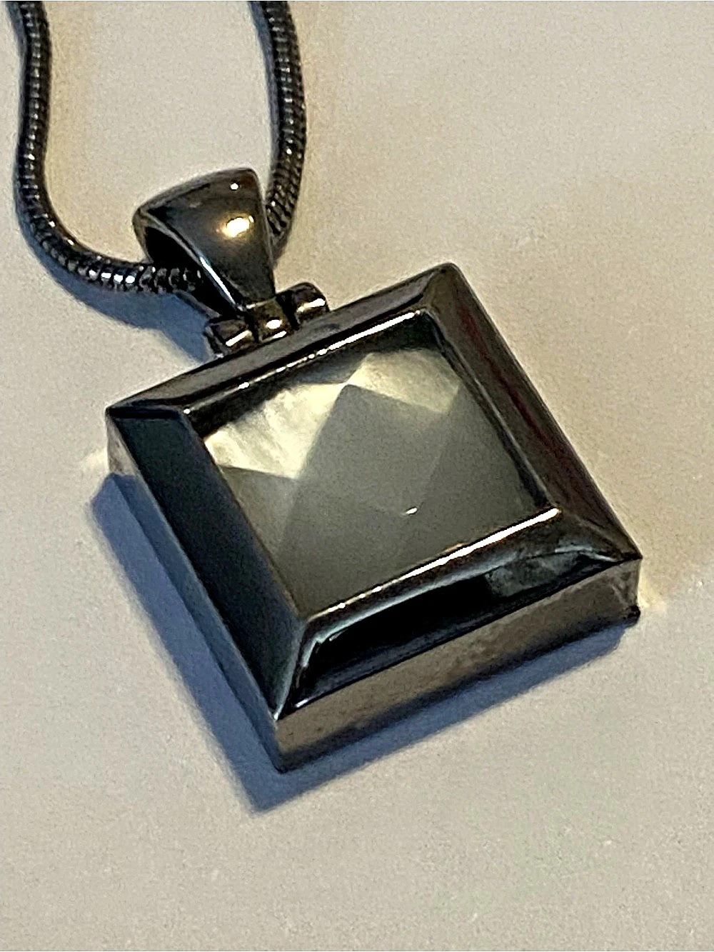 Vintage BUTLER square pendant on charcoal grey snake chain (16+2 inches)
